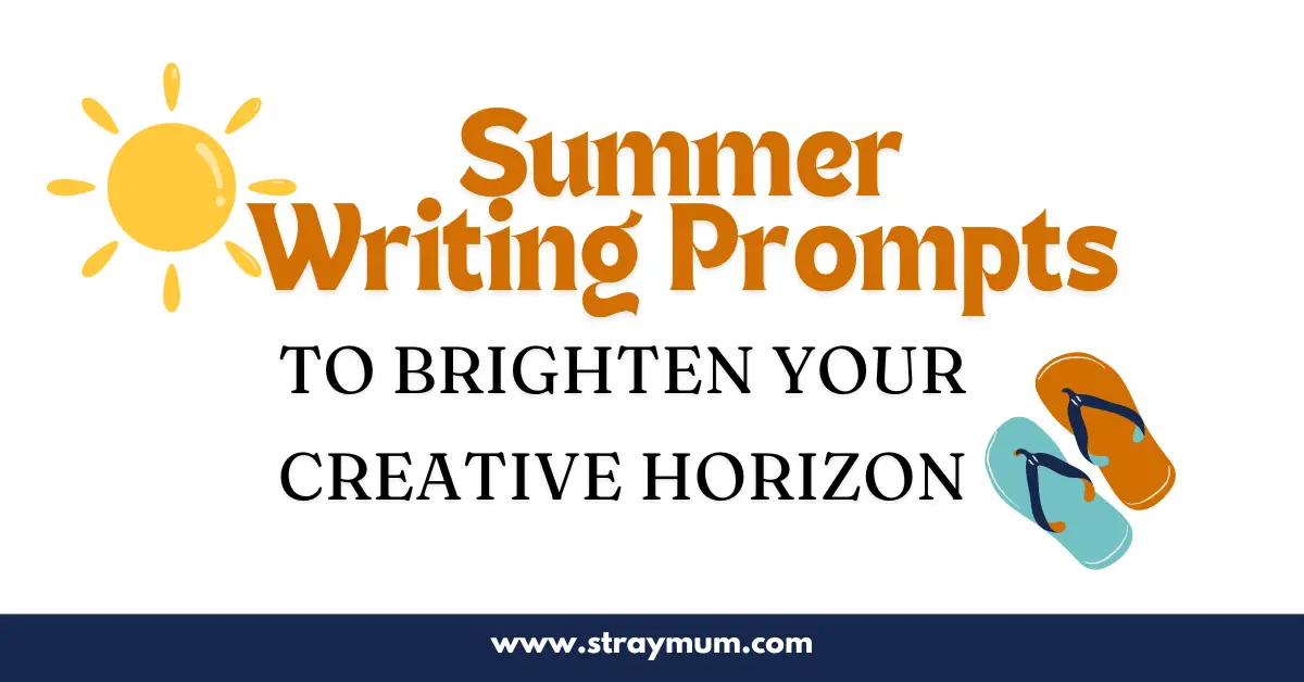 Summer writing prompts with drawings of a sun and flip flopts
